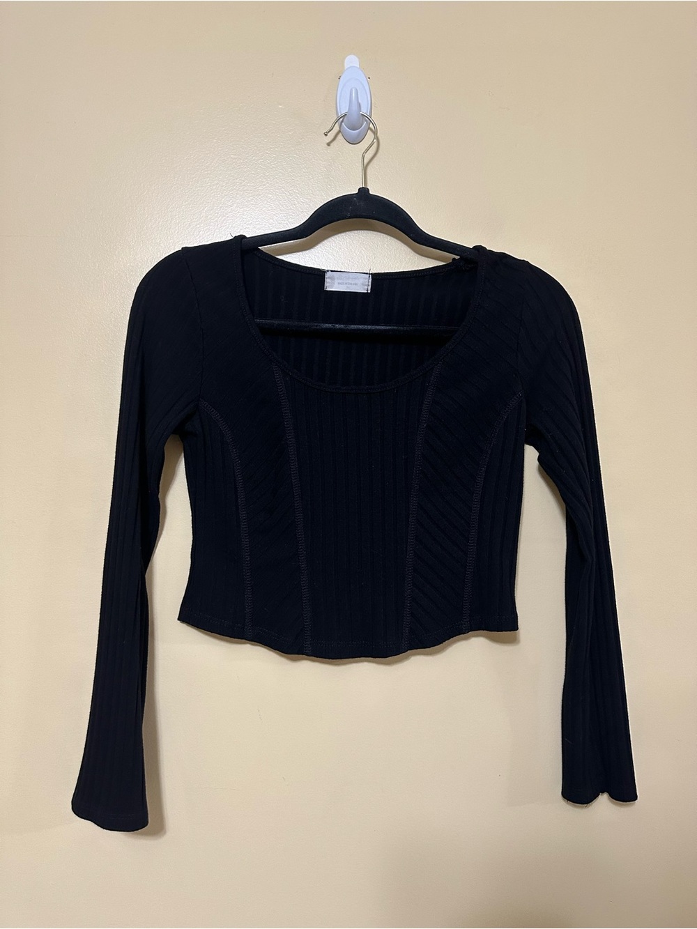 Altar’d State Flare Sleeve Ribbed Knit Round Neck Crop Top Women M Black